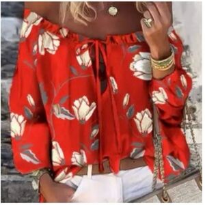 Floral Print Off-Shoulder Red Blouse